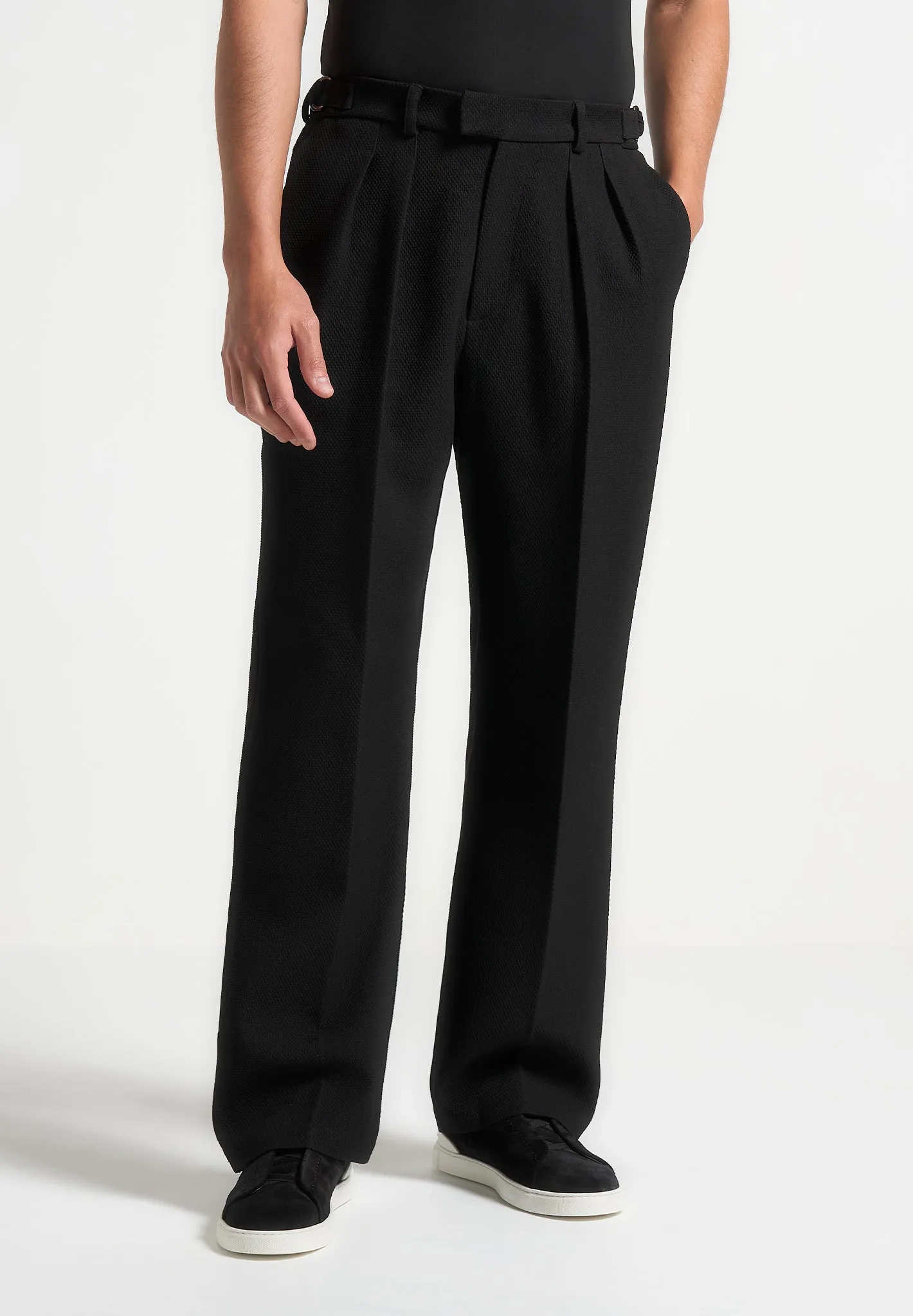 Relaxed Fit Textured Twin Pleat Tailored Trousers - Black sold by Maniere De Voir