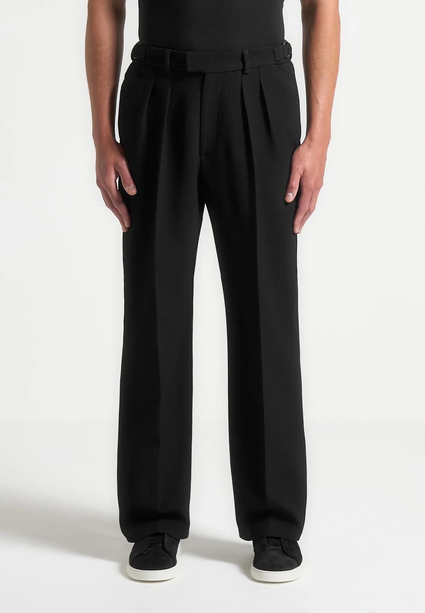 Relaxed Fit Textured Twin Pleat Tailored Trousers - Black sold by Maniere De Voir product image thumbnail 3