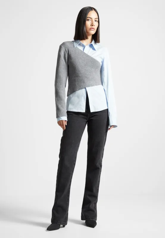 Asymmetric Knitted Overlay Shirt - Blue/Grey sold by Maniere De Voir