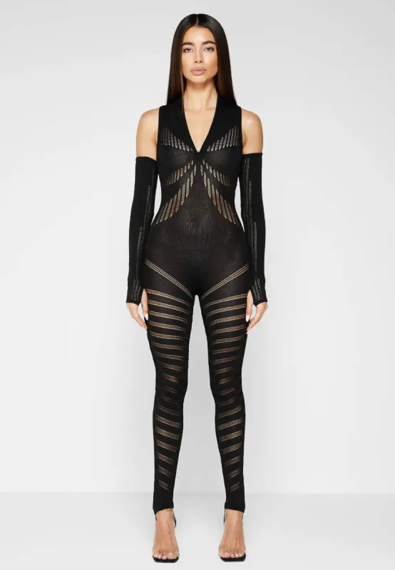 Knitted Contour Jumpsuit with Sleeves - Black sold by Maniere De Voir
