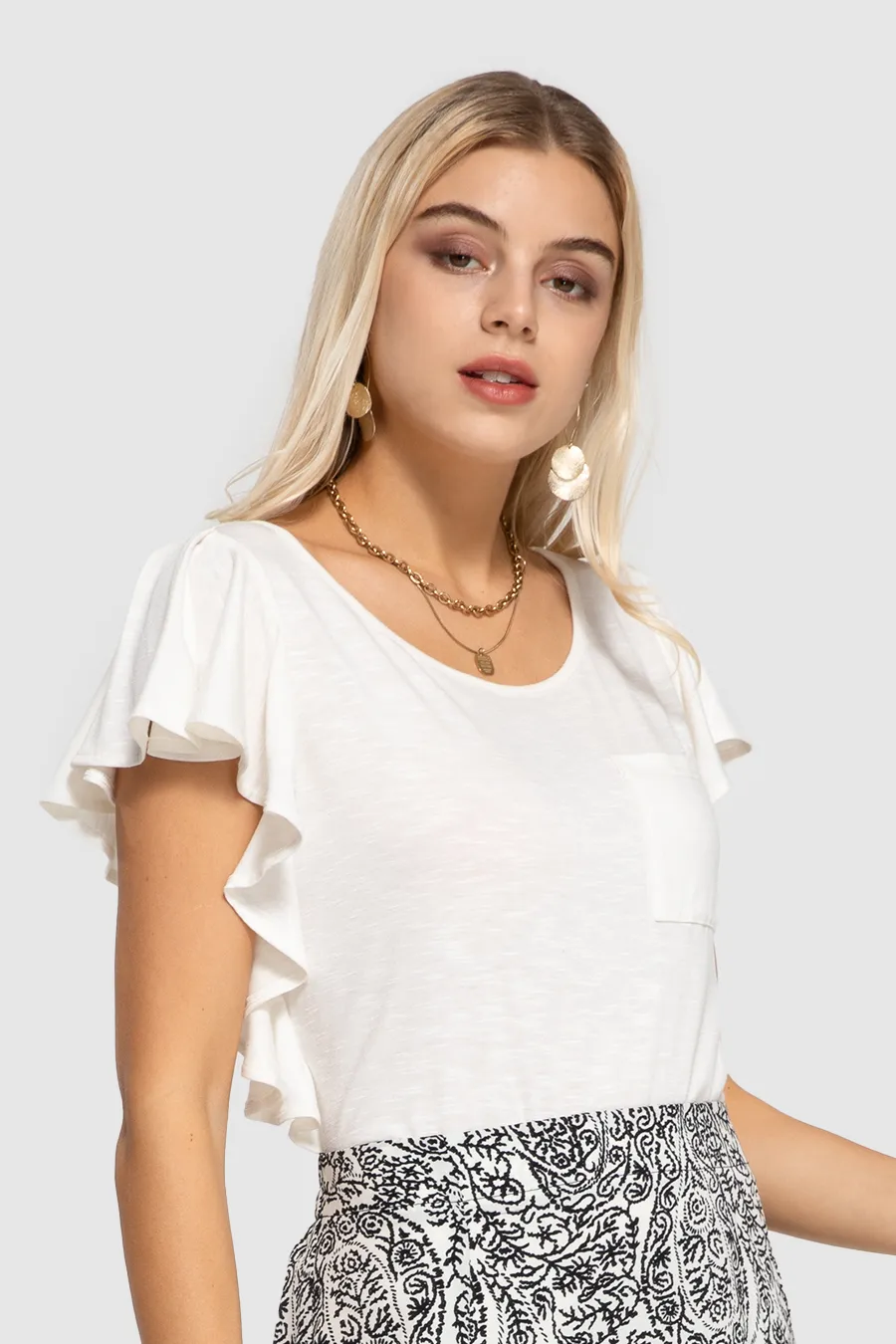 Ruffle Sleeve Crewneck Loose Pocket T Shirt sale sold by Amoretu
