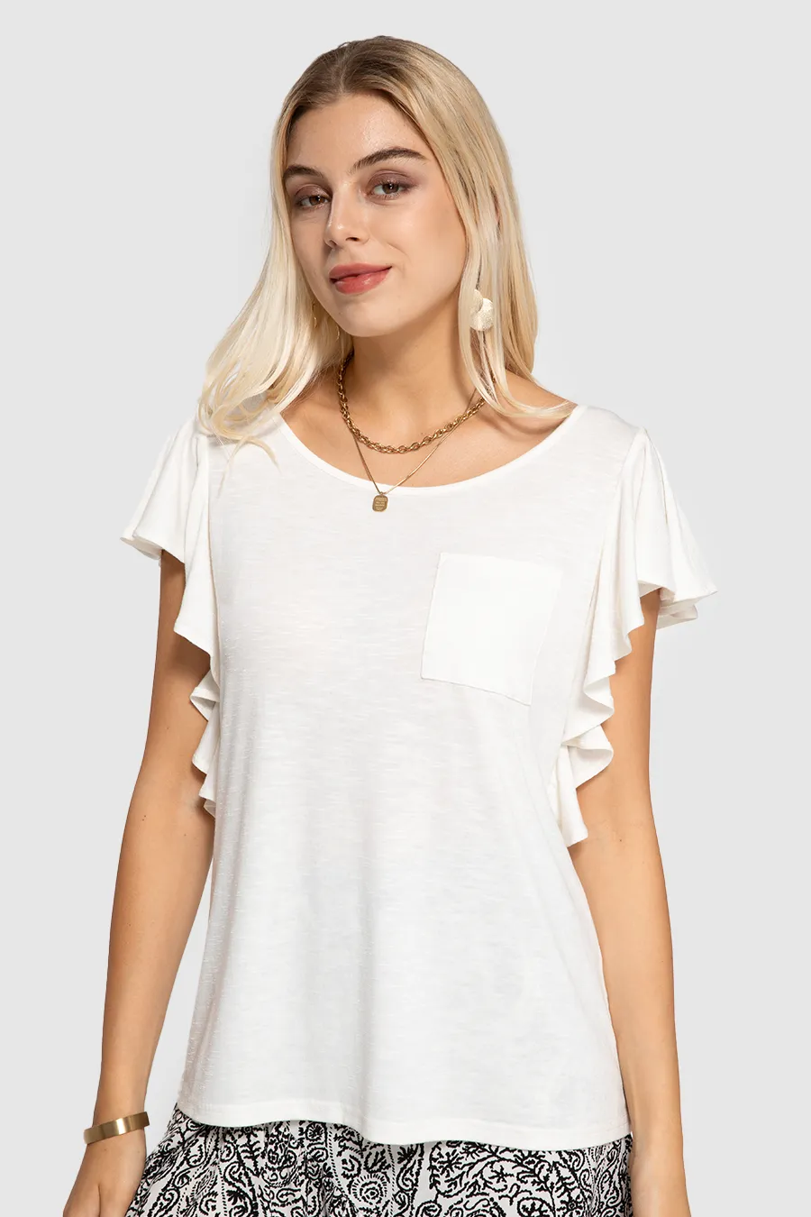 Ruffle Sleeve Crewneck Loose Pocket T Shirt sale sold by Amoretu product image thumbnail 3