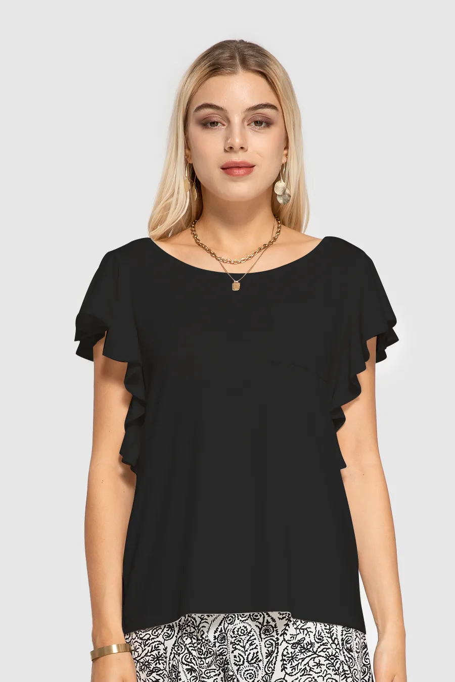 Ruffle Sleeve Crewneck Loose Pocket T Shirt sale sold by Amoretu product image thumbnail 4