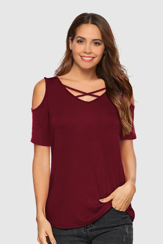 Modal Criss Cross Cold Shoulder T Shirt sold by Amoretu