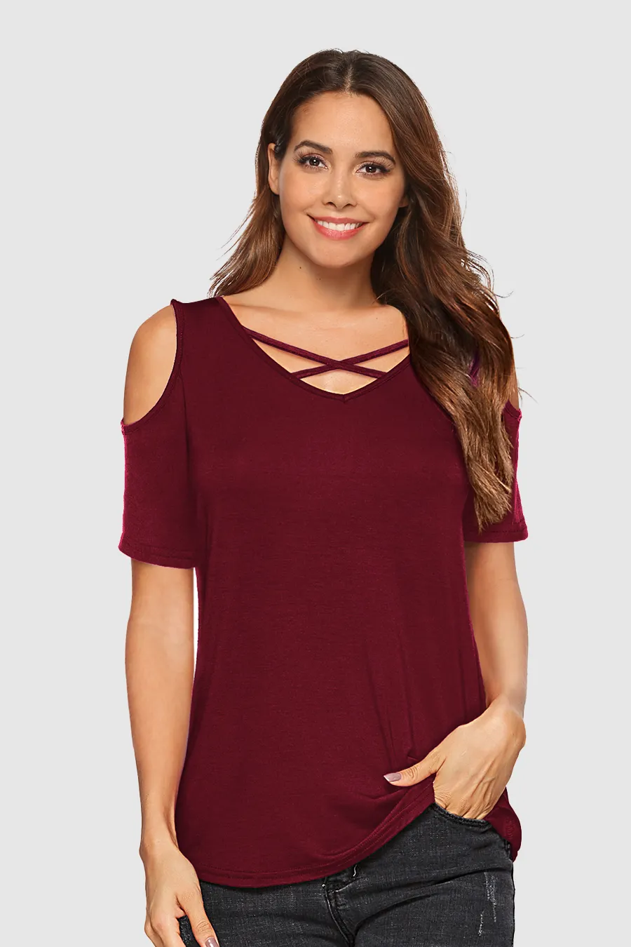 Modal Criss Cross Cold Shoulder T Shirt sold by Amoretu