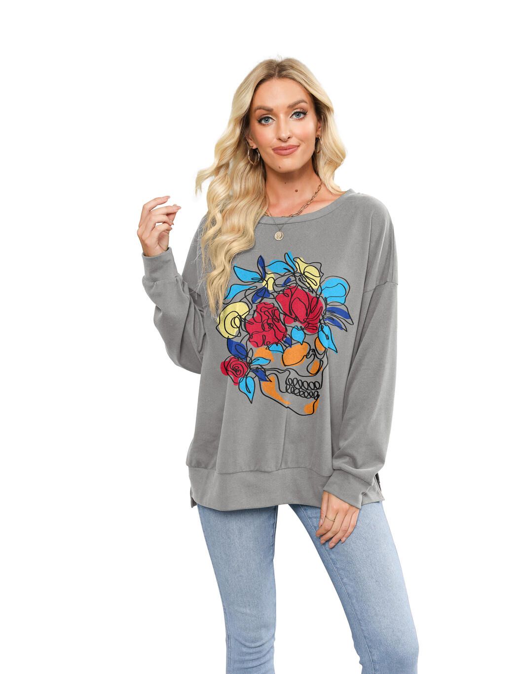 Long Sleeve Shirts Skeleton Graphic Stretchy Sweatshirts sold by Amoretu product image thumbnail 6