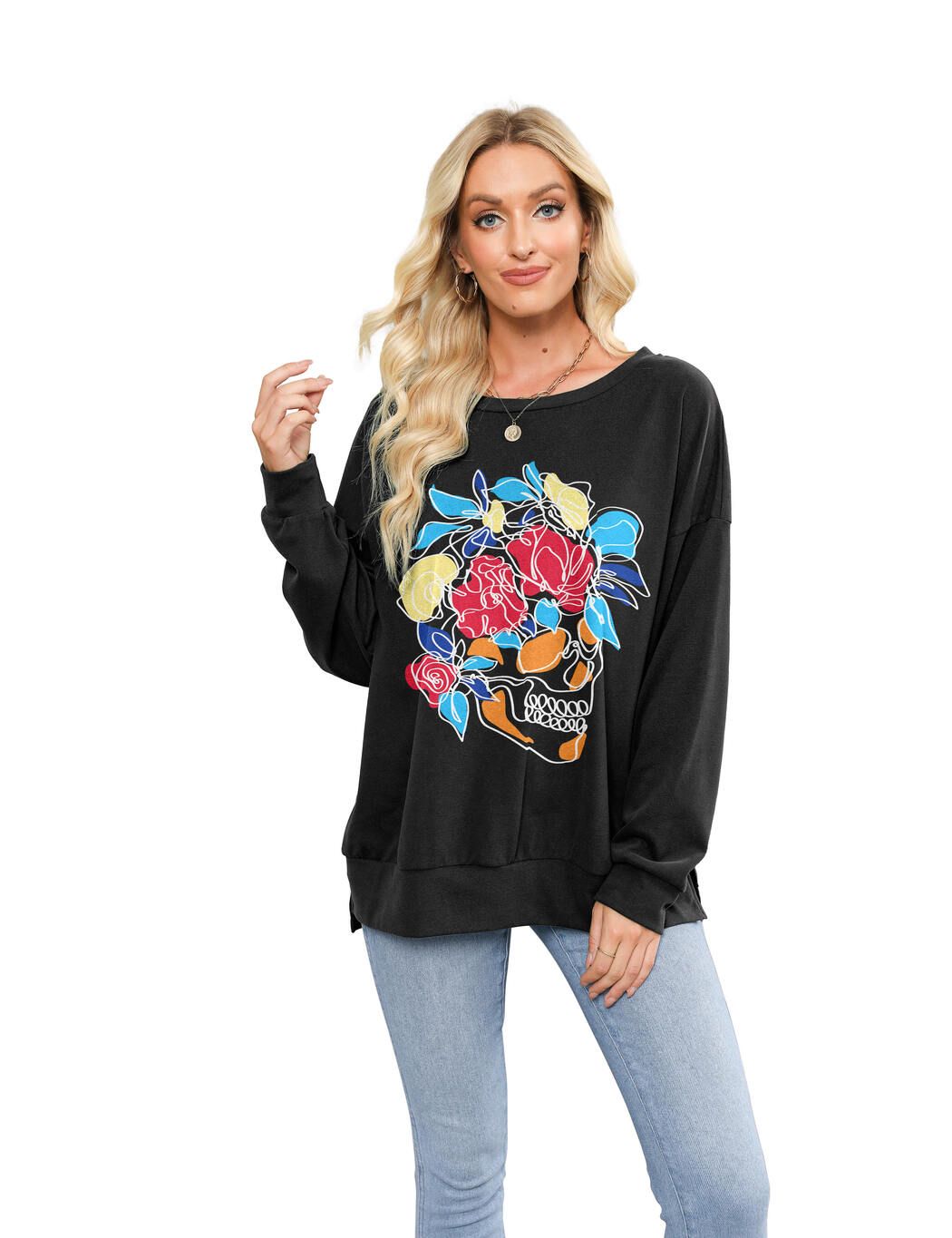 Long Sleeve Shirts Skeleton Graphic Stretchy Sweatshirts sold by Amoretu product image thumbnail 2
