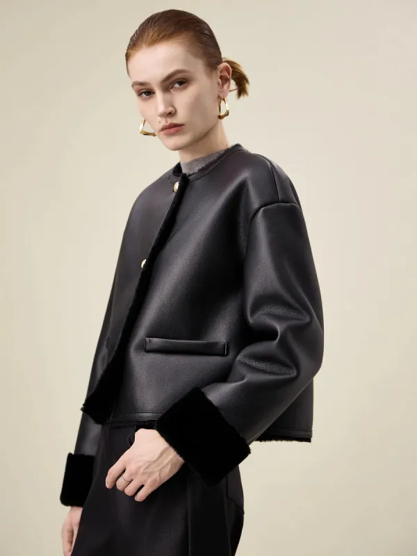Amoretu Women's Round Neck Cropped Leather Jacket sold by Amoretu