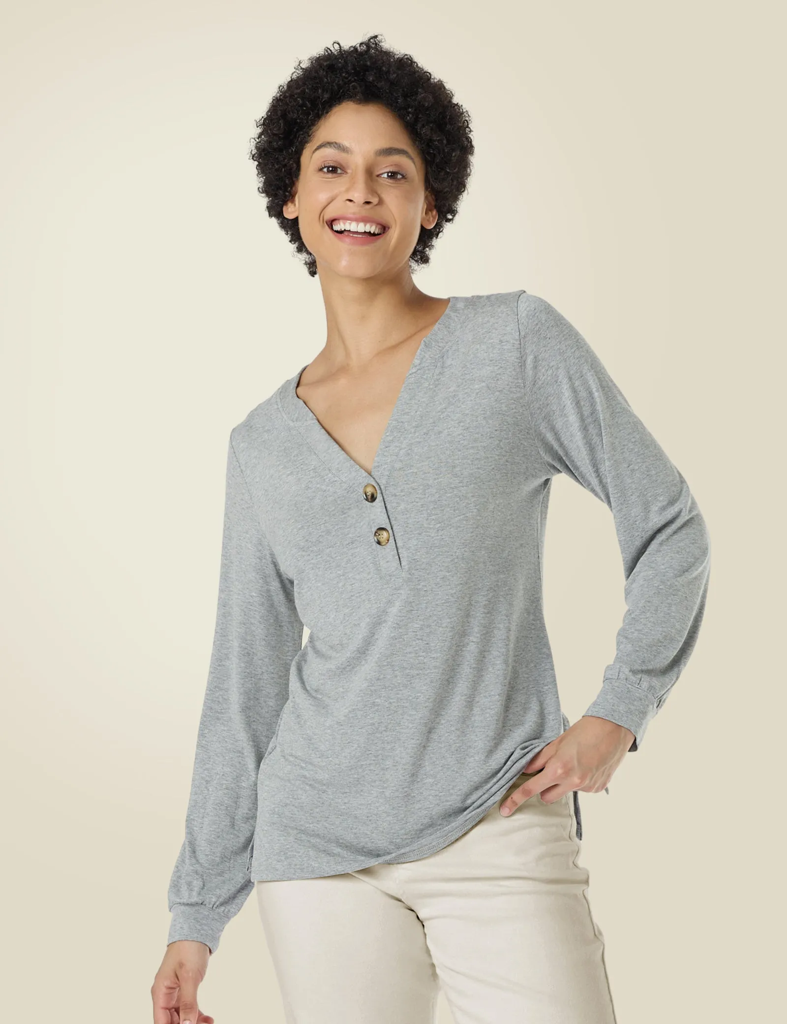 Long Sleeve Button Down Henley V Neck T Shirt sold by Amoretu