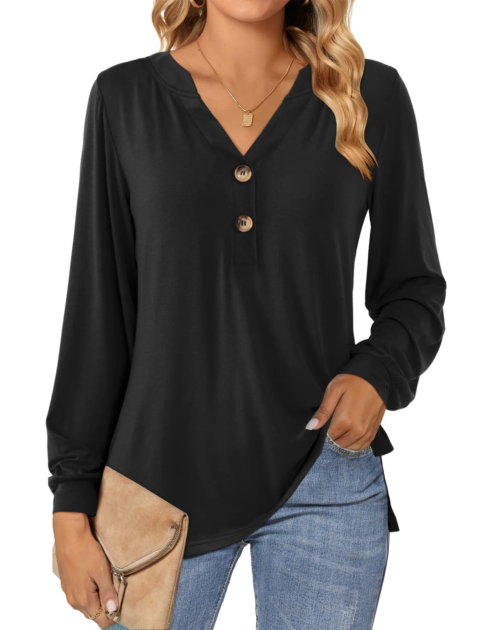 Long Sleeve Button Down Henley V Neck T Shirt sold by Amoretu product image thumbnail 5