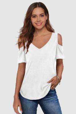 35% Cotton Short Sleeve Cold Shoulder T Shirt sold by Amoretu