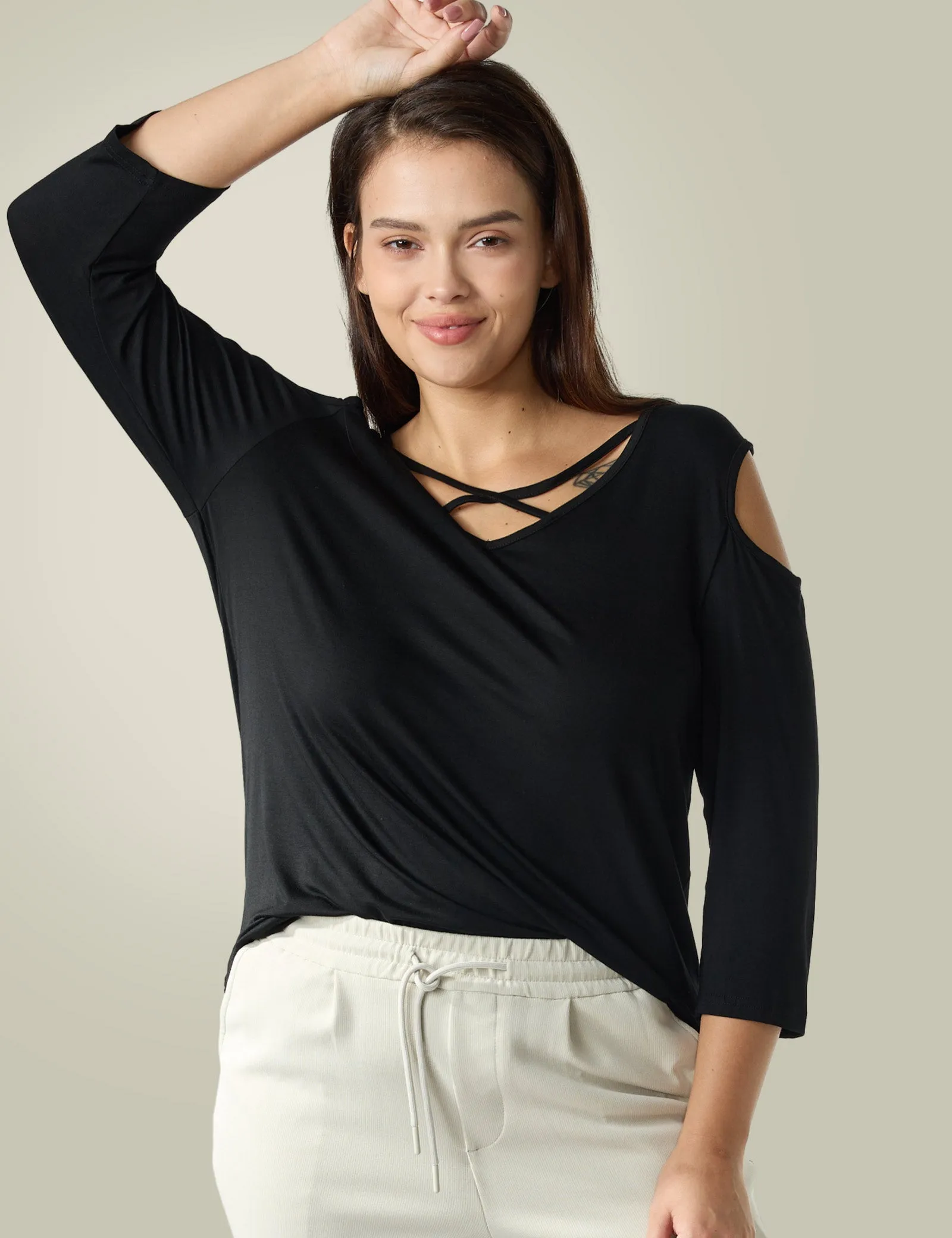 Criss Cross Cold Shoulder T Shirt sold by Amoretu product image thumbnail 3