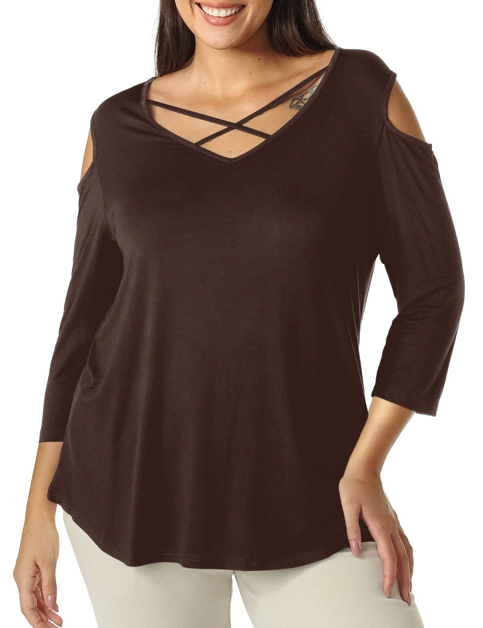 Criss Cross Cold Shoulder T Shirt sold by Amoretu product image thumbnail 5