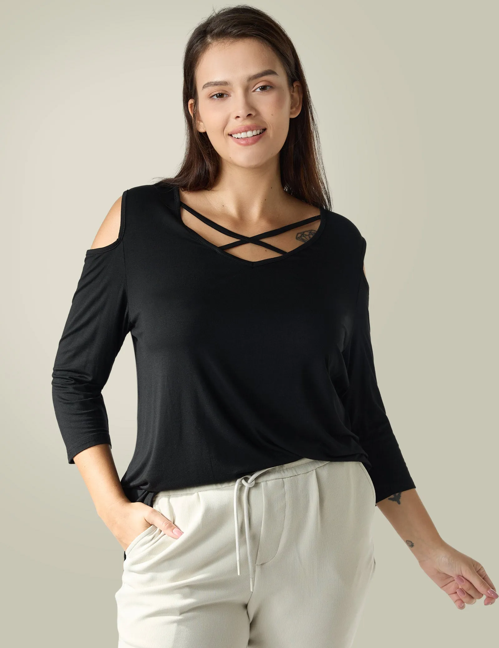 Criss Cross Cold Shoulder T Shirt sold by Amoretu