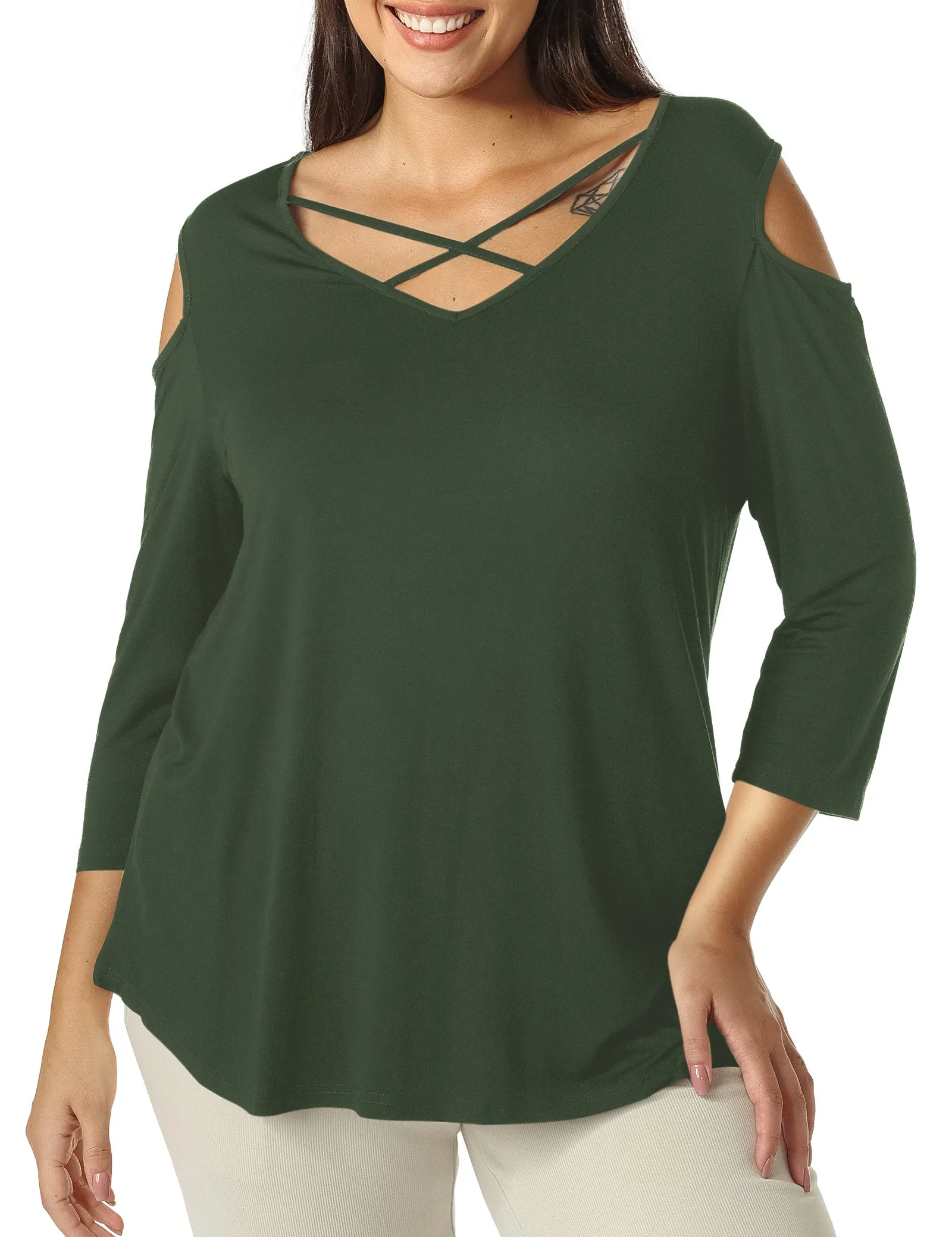 Criss Cross Cold Shoulder T Shirt sold by Amoretu product image thumbnail 4