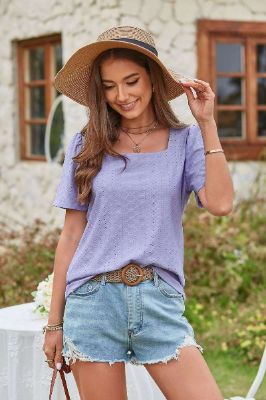 Square Neck Puff Short Sleeve T shirt sale sold by Amoretu