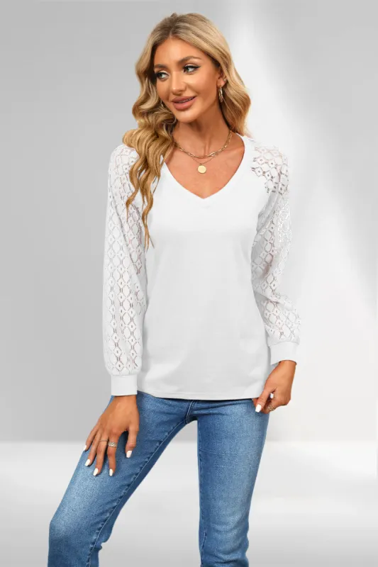 Lace Sleeve Loose Fit Casual Blouse sold by Amoretu