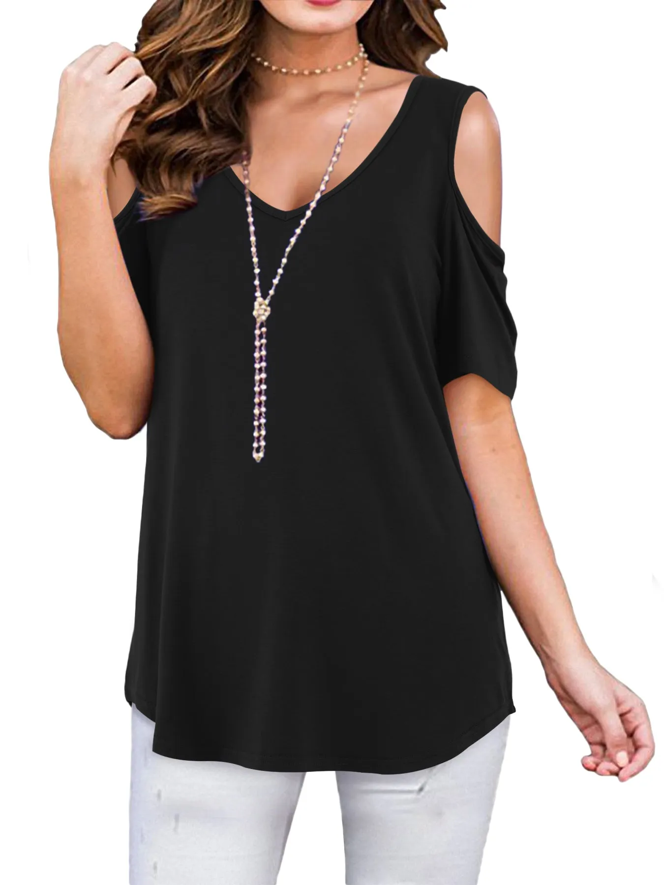 Modal V Neck Cold Shoulder T Shirt sold by Amoretu product image thumbnail 2