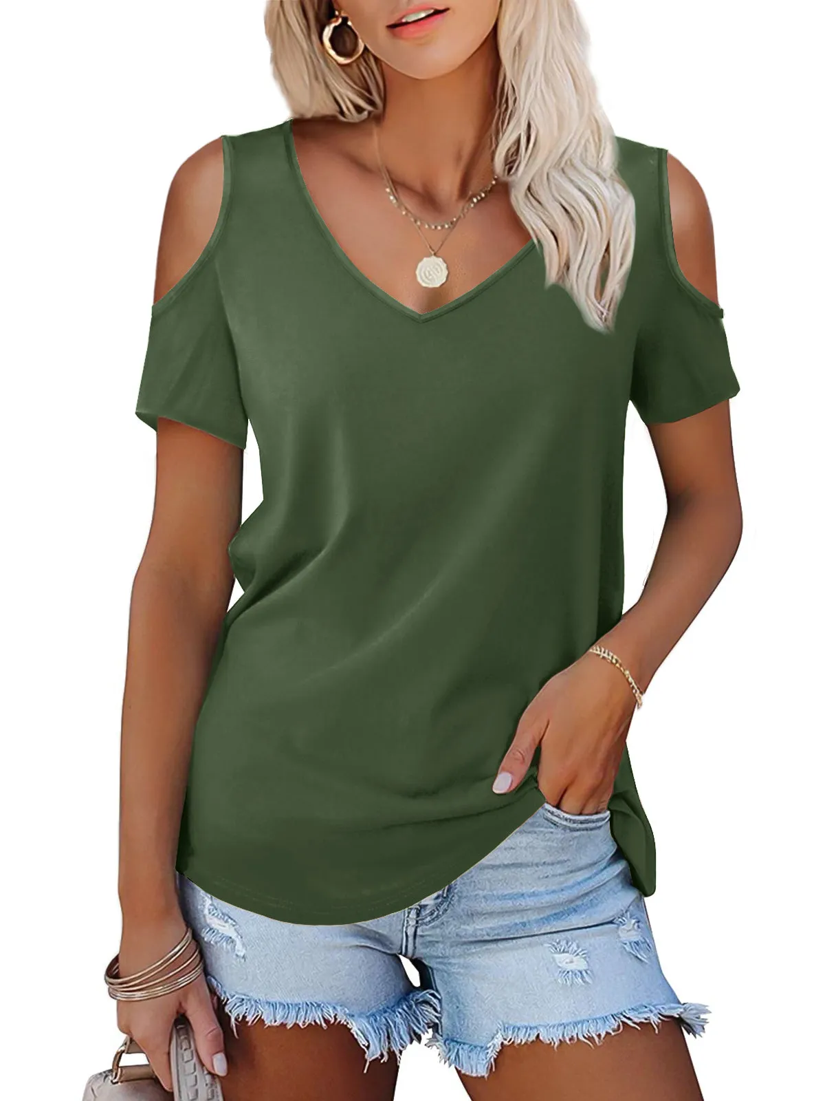 Modal V Neck Cold Shoulder T Shirt sold by Amoretu product image thumbnail 5