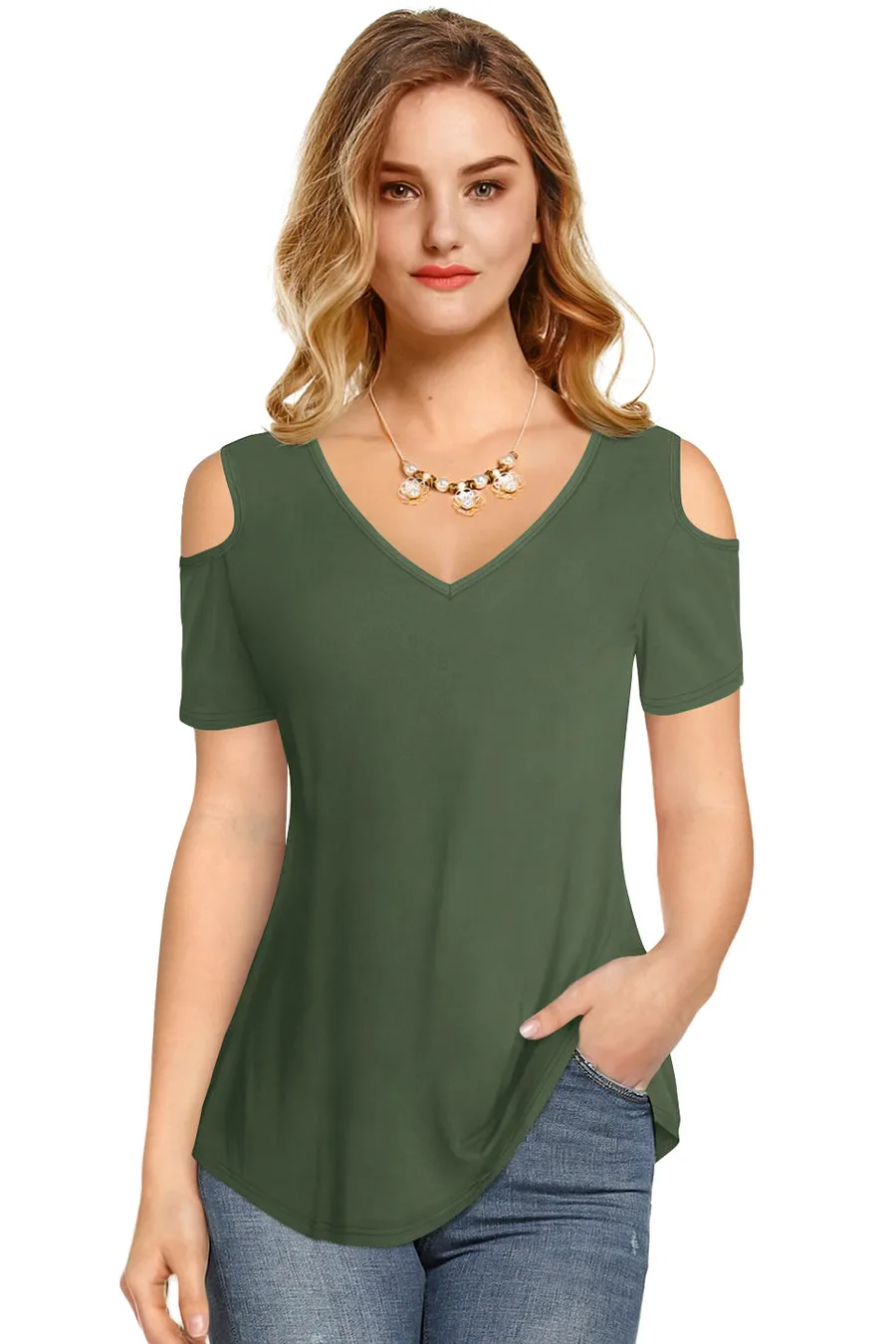 Modal V Neck Cold Shoulder T Shirt sold by Amoretu