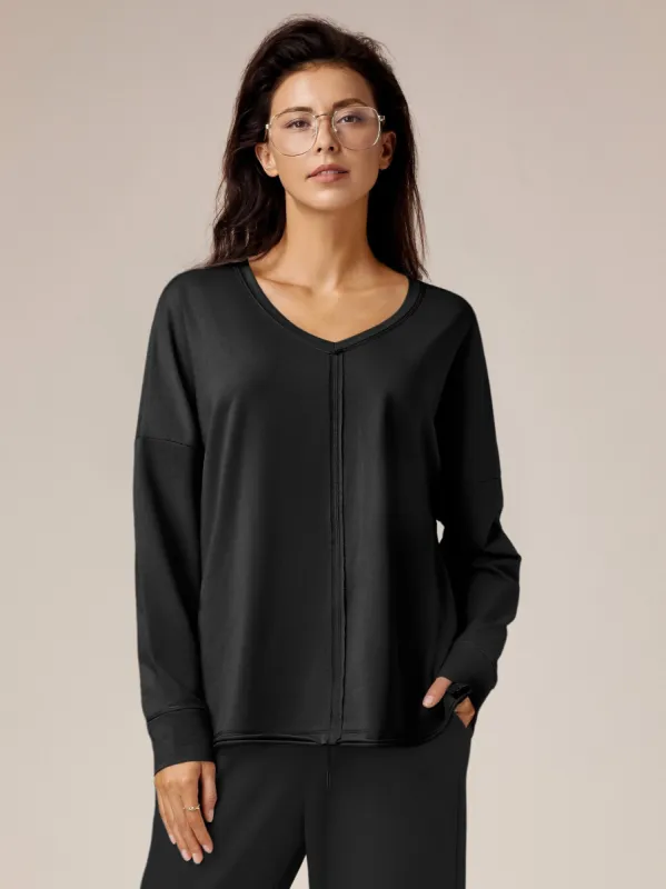 Amoretu Womens V Neck Tops Shirts Dropped Shoulder Long Sleeve Casual Sweatshirt sold by Amoretu
