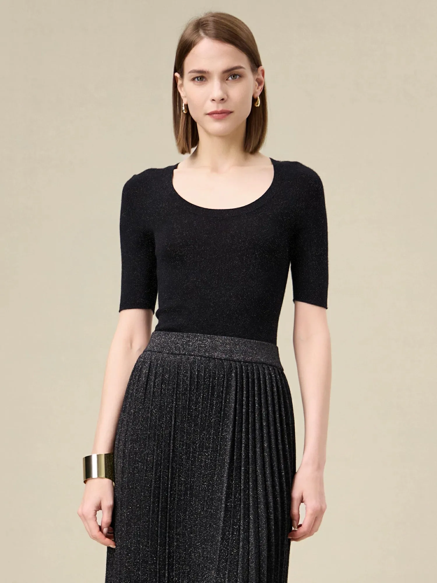 Amoretu Wool Gold Silver Yarn Mid-Sleeve Sweater sold by Amoretu