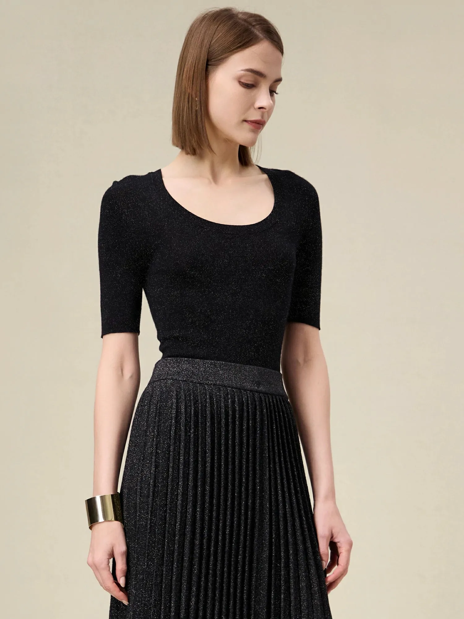 Amoretu Wool Gold Silver Yarn Mid-Sleeve Sweater sold by Amoretu product image thumbnail 2