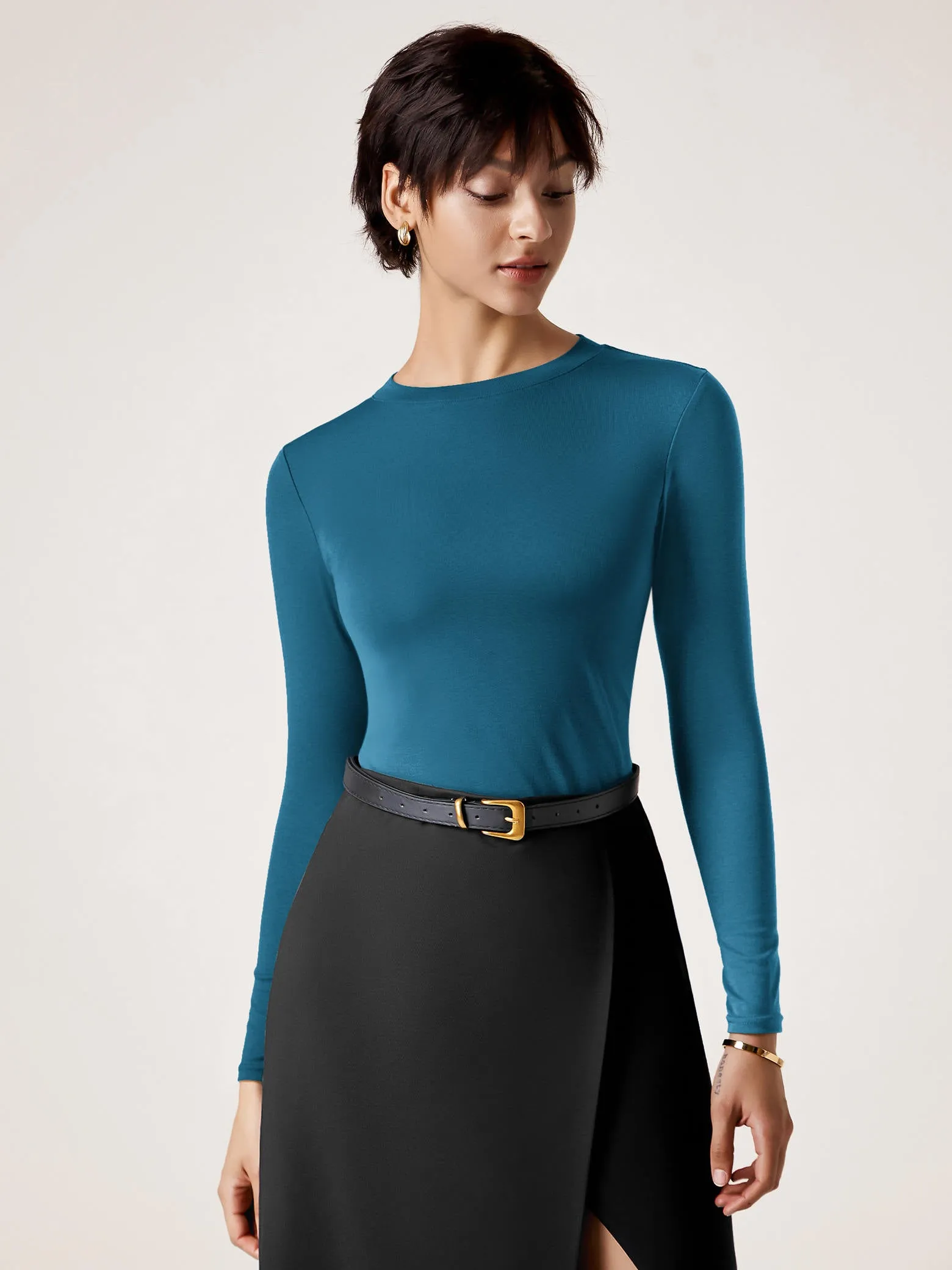 Amoretu Women's Round Neck T Shirts Long Sleeve Ribbed Fitted Tunic Tops Basic Tee Blouse sold by Amoretu product image thumbnail 2