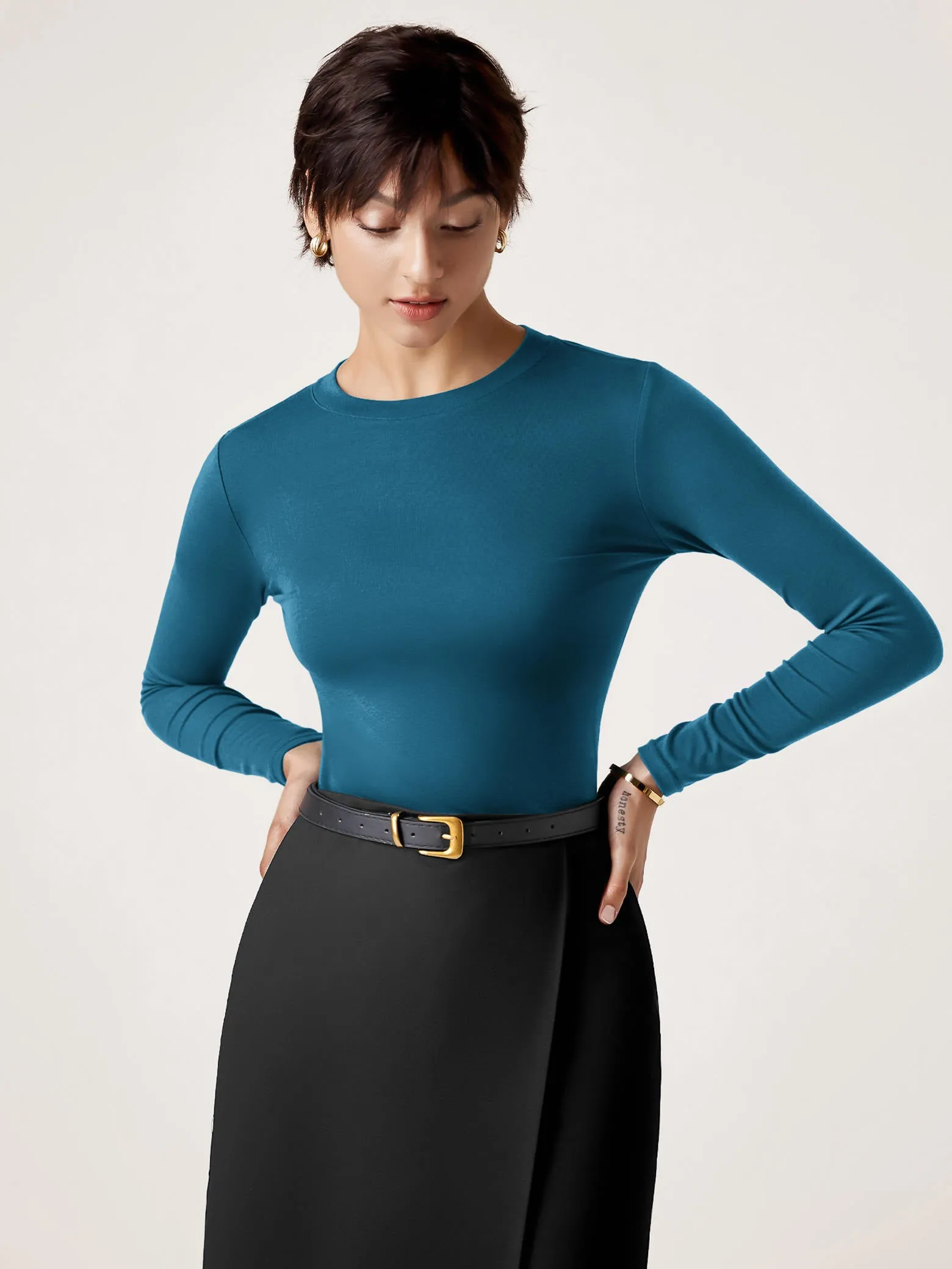 Amoretu Women's Round Neck T Shirts Long Sleeve Ribbed Fitted Tunic Tops Basic Tee Blouse sold by Amoretu product image thumbnail 3