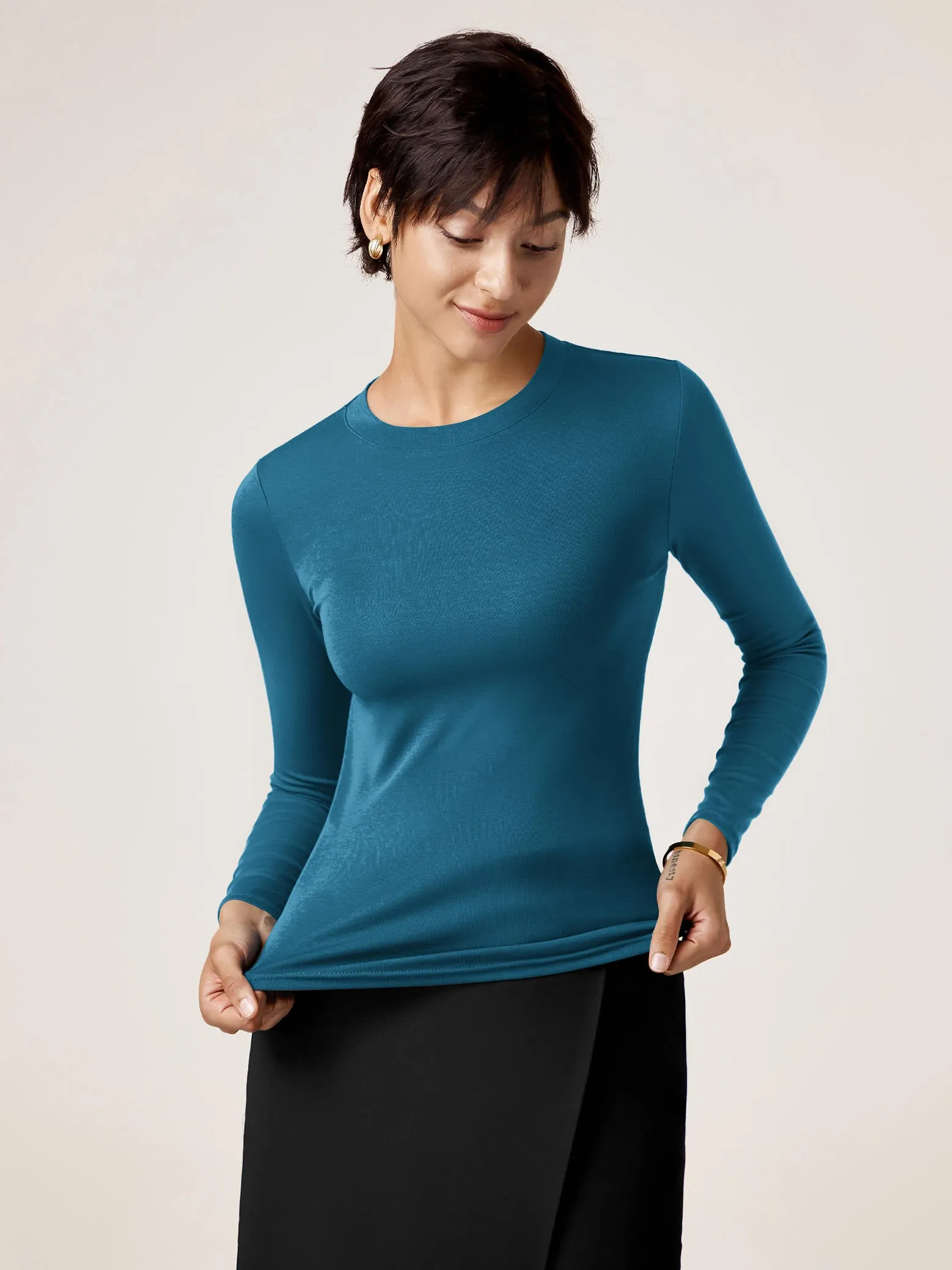 Amoretu Women's Round Neck T Shirts Long Sleeve Ribbed Fitted Tunic Tops Basic Tee Blouse sold by Amoretu