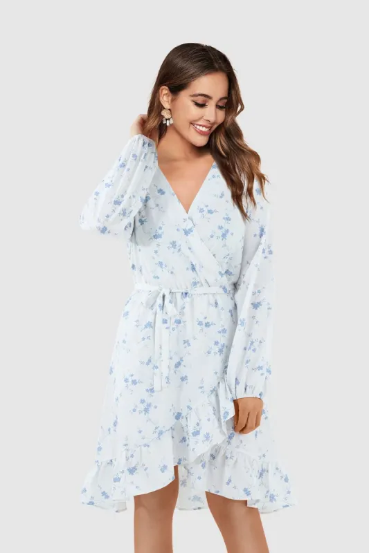 White Print Ruffle Wrap Mini Dress Sale sold by Amoretu