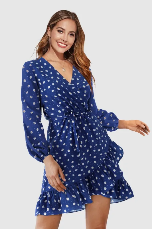 Blue Print Ruffle Wrap Mini Dress Sale sold by Amoretu