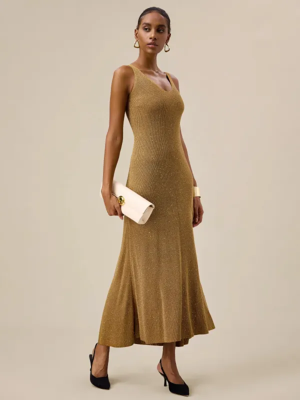 Amoretu V-Neck Halter Metallic Maxi Dress sold by Amoretu