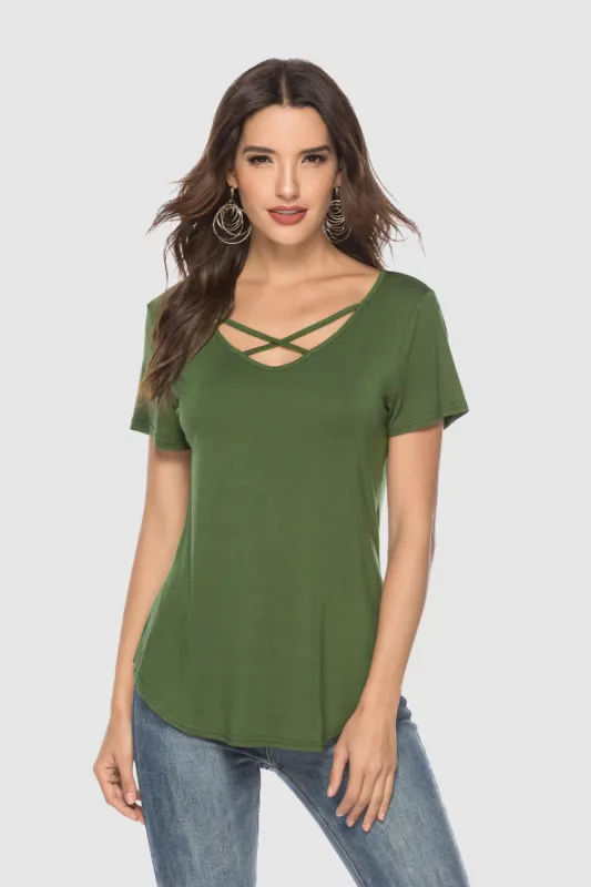 Amoretu Modal Criss Cross V Neck Short Sleeve T Shirt sold by Amoretu