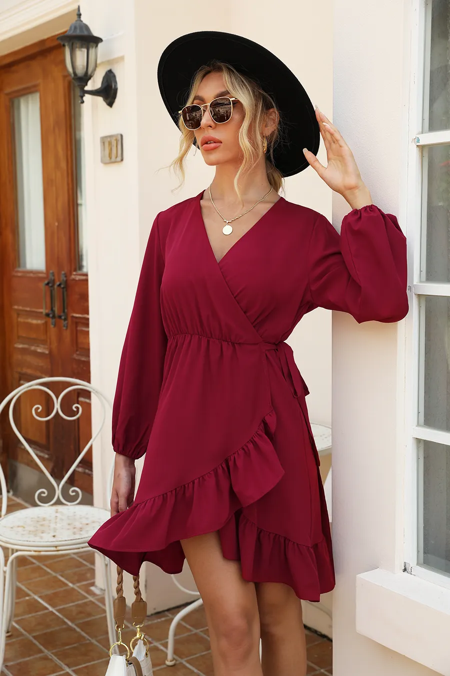 Wrap V Neck Ruffle Hem Dress Sale sold by Amoretu product image thumbnail 3