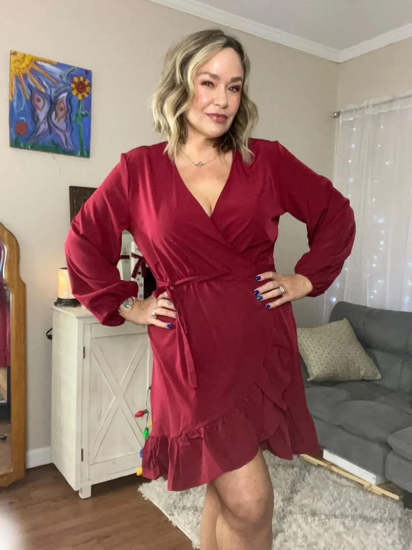 Wrap V Neck Ruffle Hem Dress Sale sold by Amoretu product image thumbnail 4