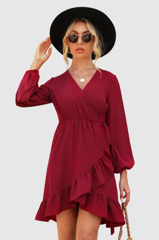 Wrap V Neck Ruffle Hem Dress Sale sold by Amoretu