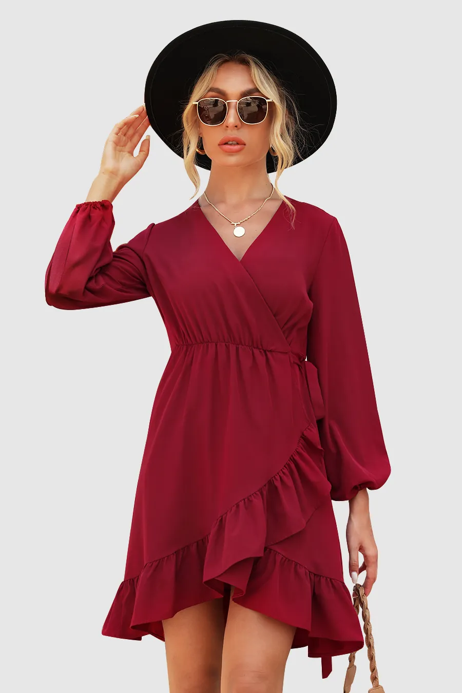 Wrap V Neck Ruffle Hem Dress Sale sold by Amoretu