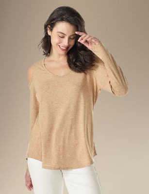 35% Cotton Long Sleeve Cold Shoulder T Shirt sold by Amoretu