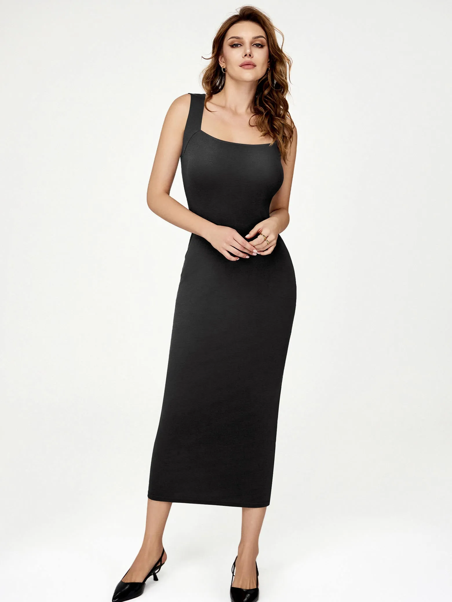 Women's Summer Square Neck Ribbed Knit Fitted Slim Fit Sleeveless Tank Long Dress sold by Amoretu product image thumbnail 4