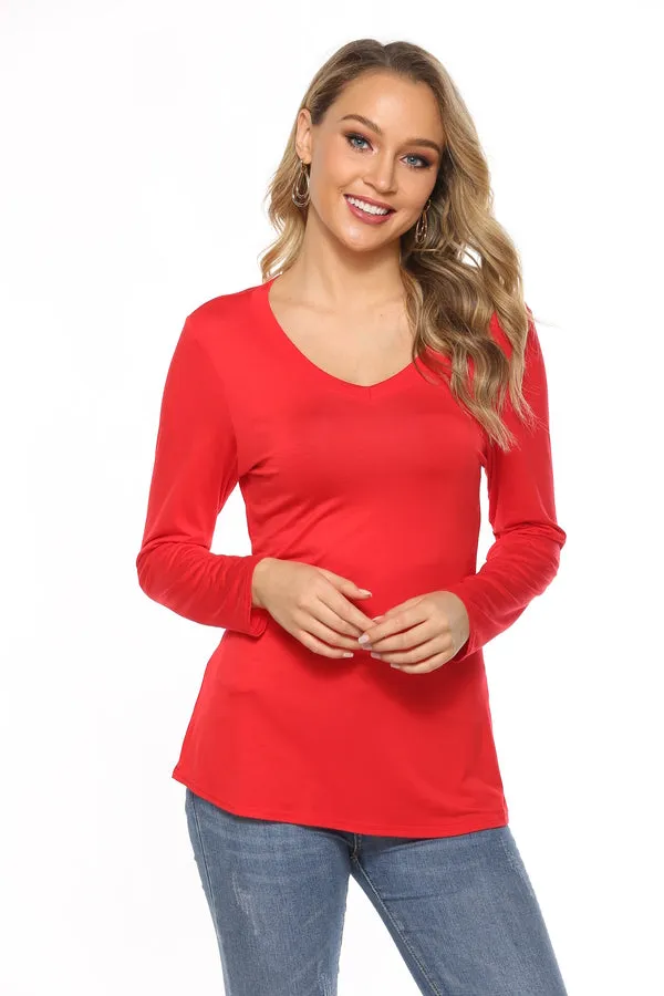 Modal V Neck Long Sleeve Straight hem T Shirt sold by Amoretu