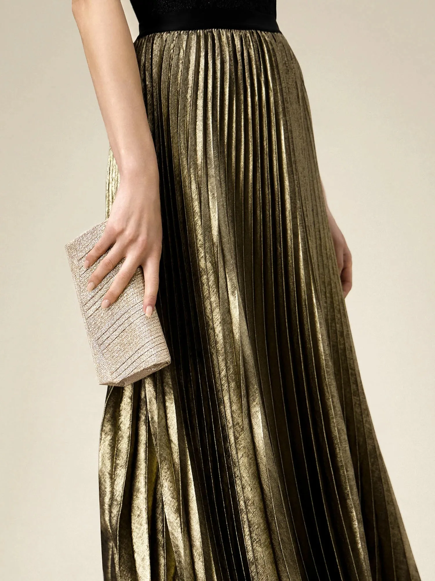 (FINAL SALE) Elastic Waist Satin Pleated A-Line Skirt sold by Amoretu product image thumbnail 5