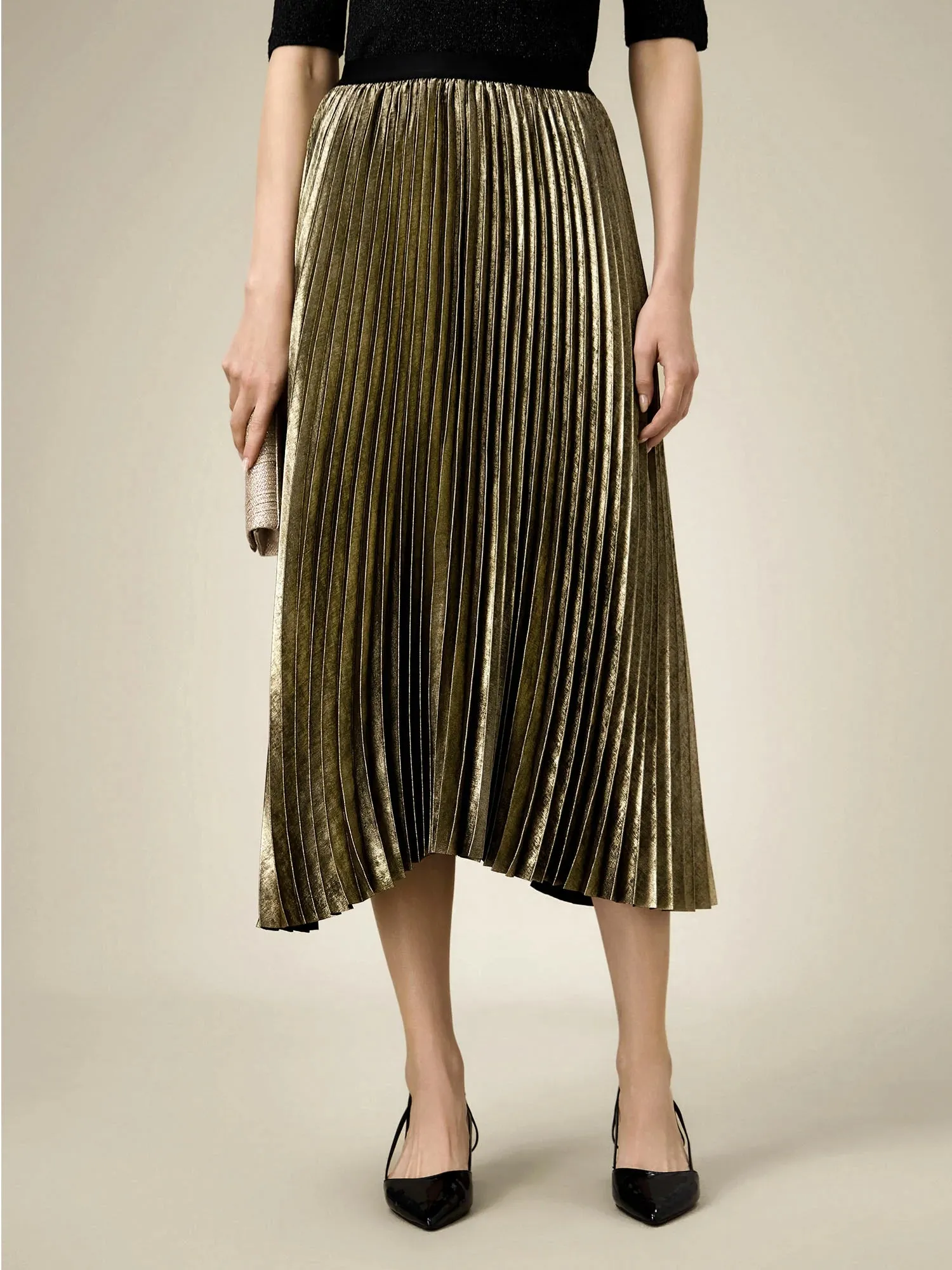 (FINAL SALE) Elastic Waist Satin Pleated A-Line Skirt sold by Amoretu