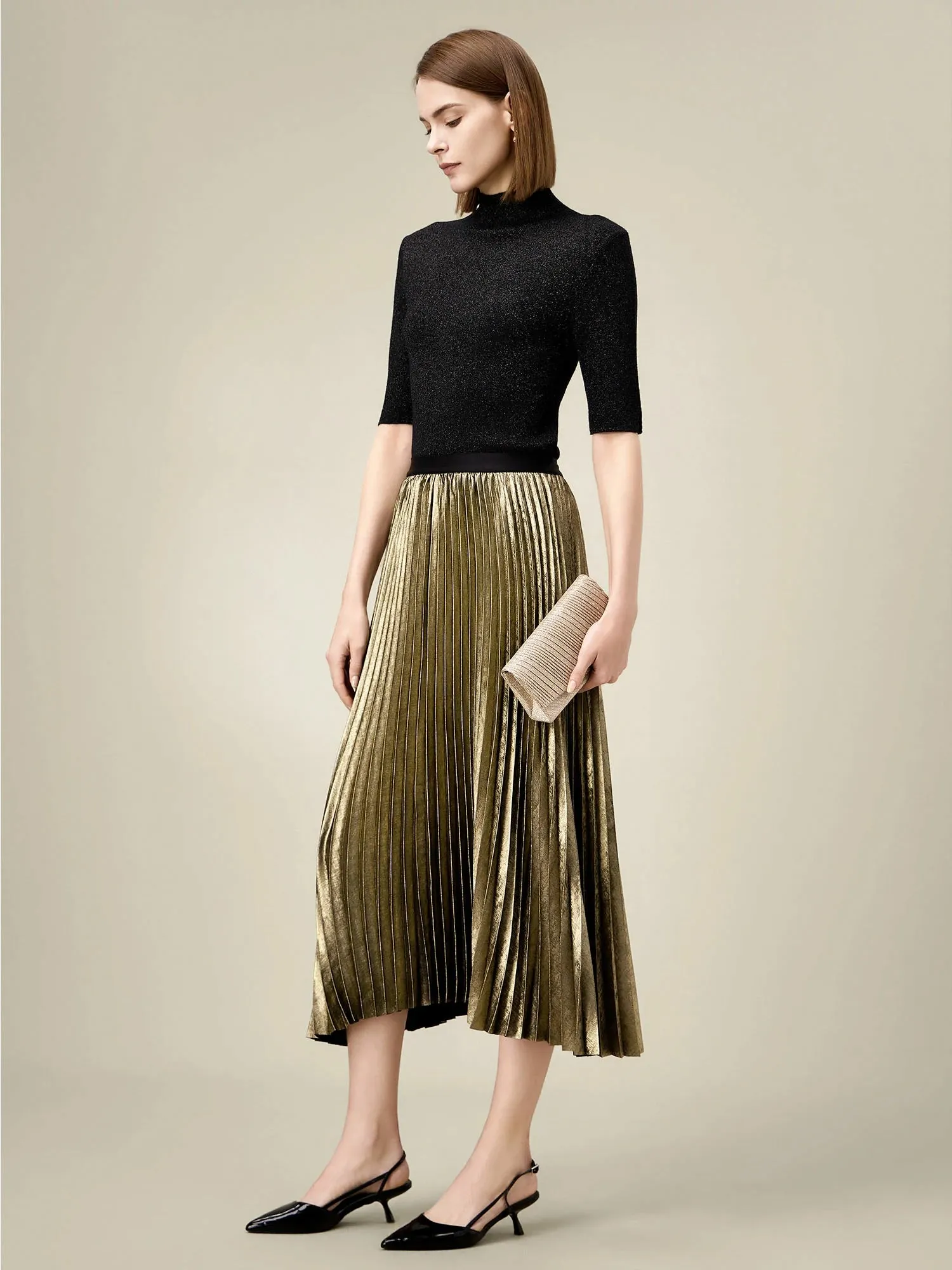(FINAL SALE) Elastic Waist Satin Pleated A-Line Skirt sold by Amoretu product image thumbnail 3