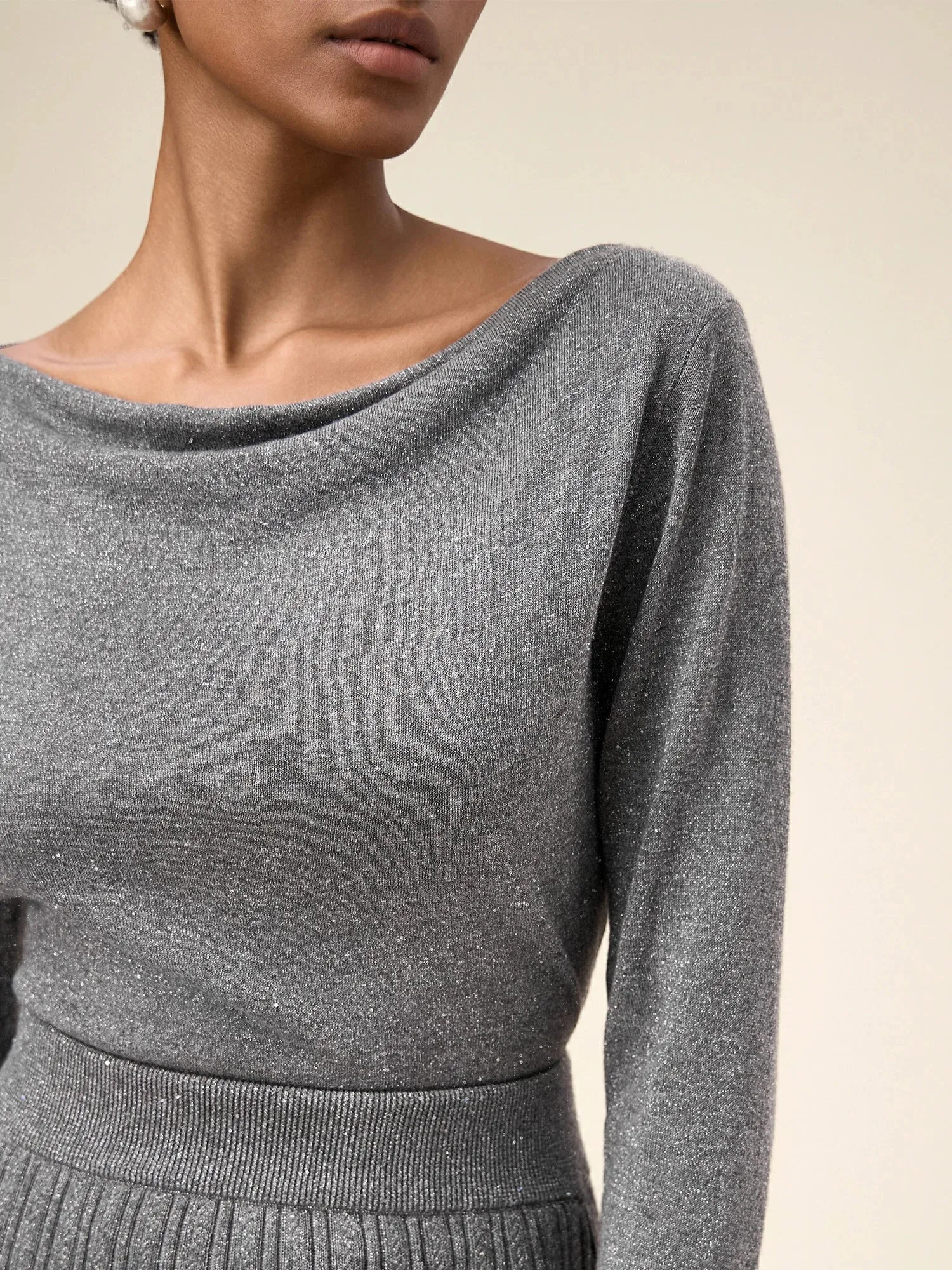 Amoretu Women's Wool Irregular Collar Gold Silver Yarn Knitted Sweater sold by Amoretu product image thumbnail 5