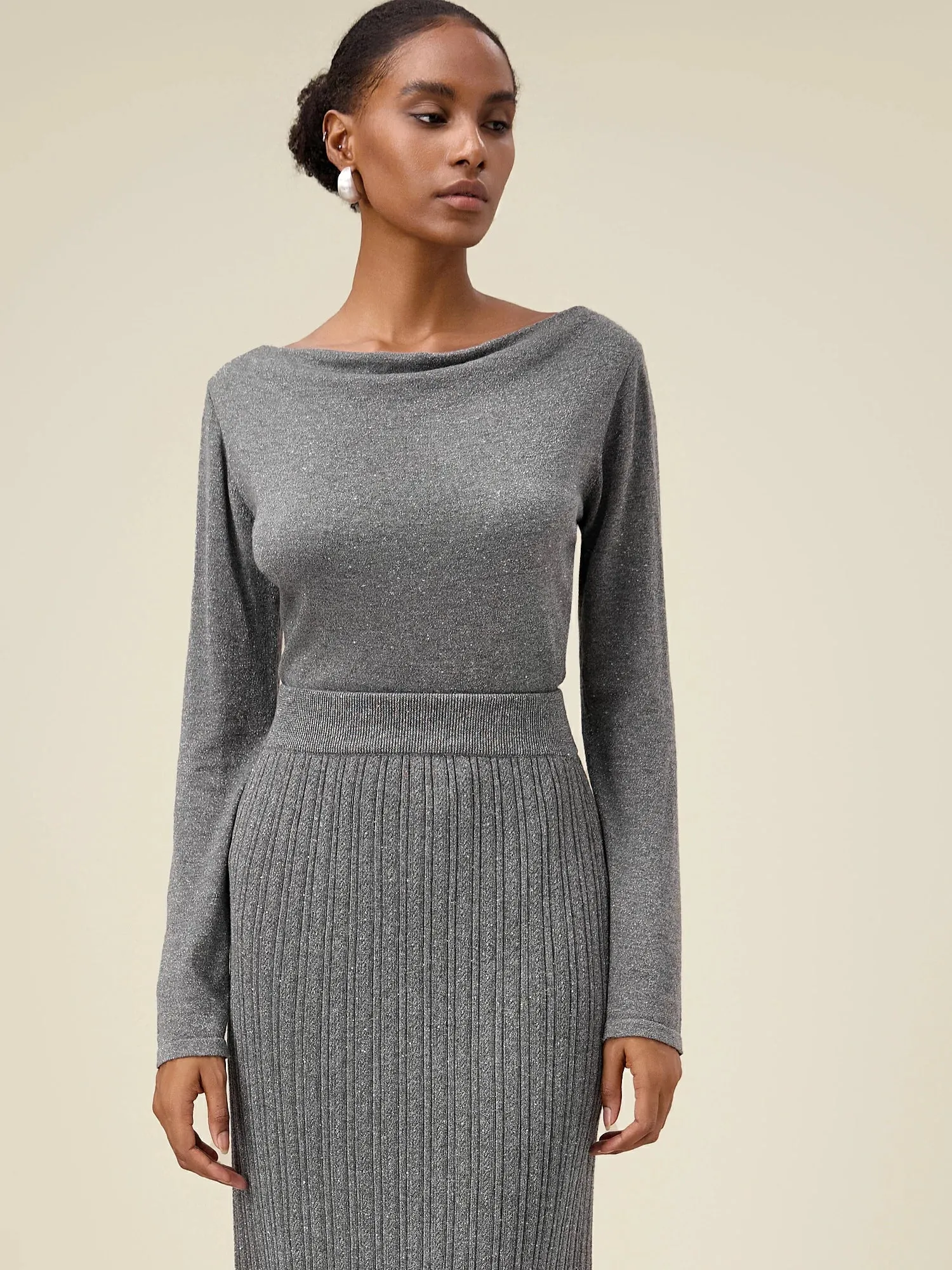 Amoretu Women's Wool Irregular Collar Gold Silver Yarn Knitted Sweater sold by Amoretu product image thumbnail 3