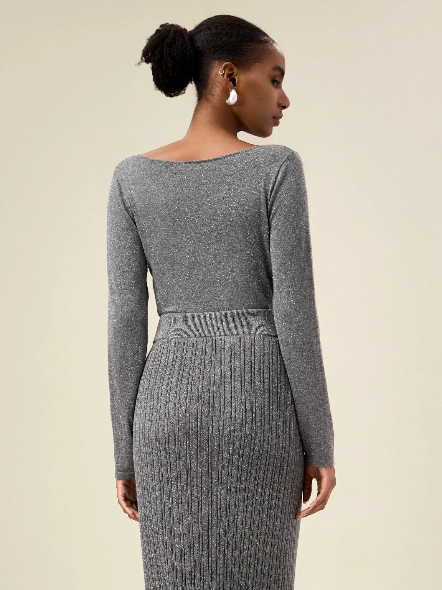 Amoretu Women's Wool Irregular Collar Gold Silver Yarn Knitted Sweater sold by Amoretu product image thumbnail 4