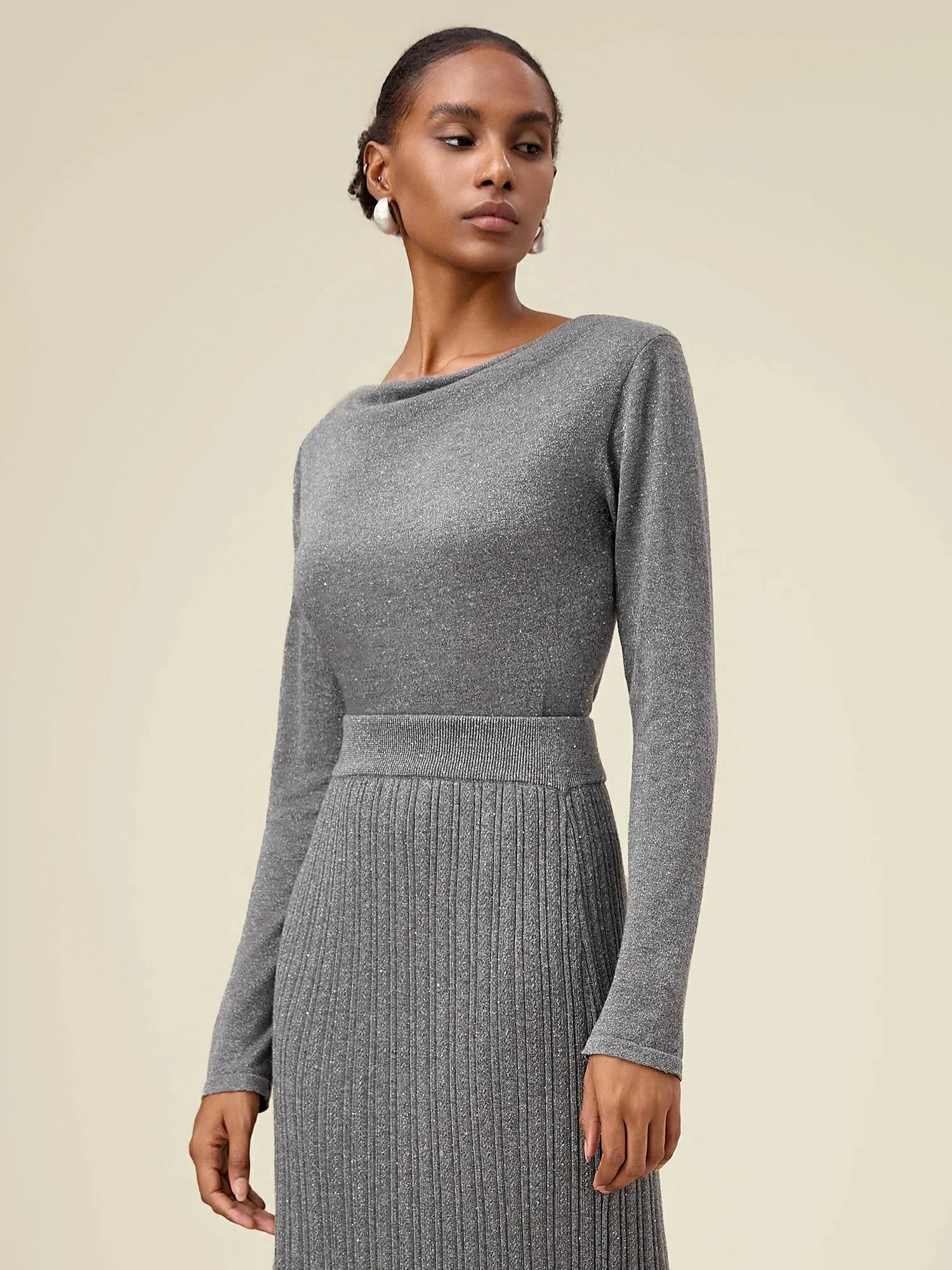 Amoretu Women's Wool Irregular Collar Gold Silver Yarn Knitted Sweater sold by Amoretu