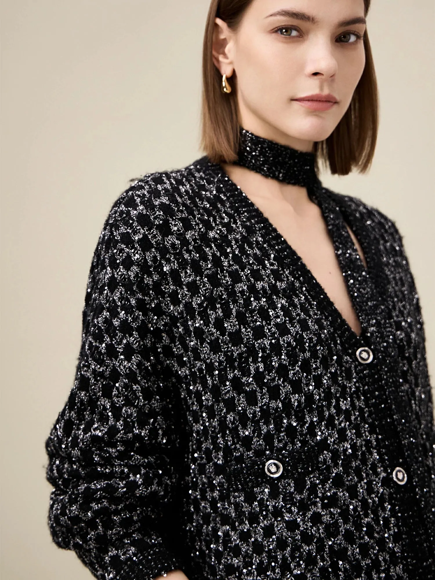 Amoretu Women's Wool V-Neck Gold Silver Yarn Knitted Cardigan sold by Amoretu product image thumbnail 5