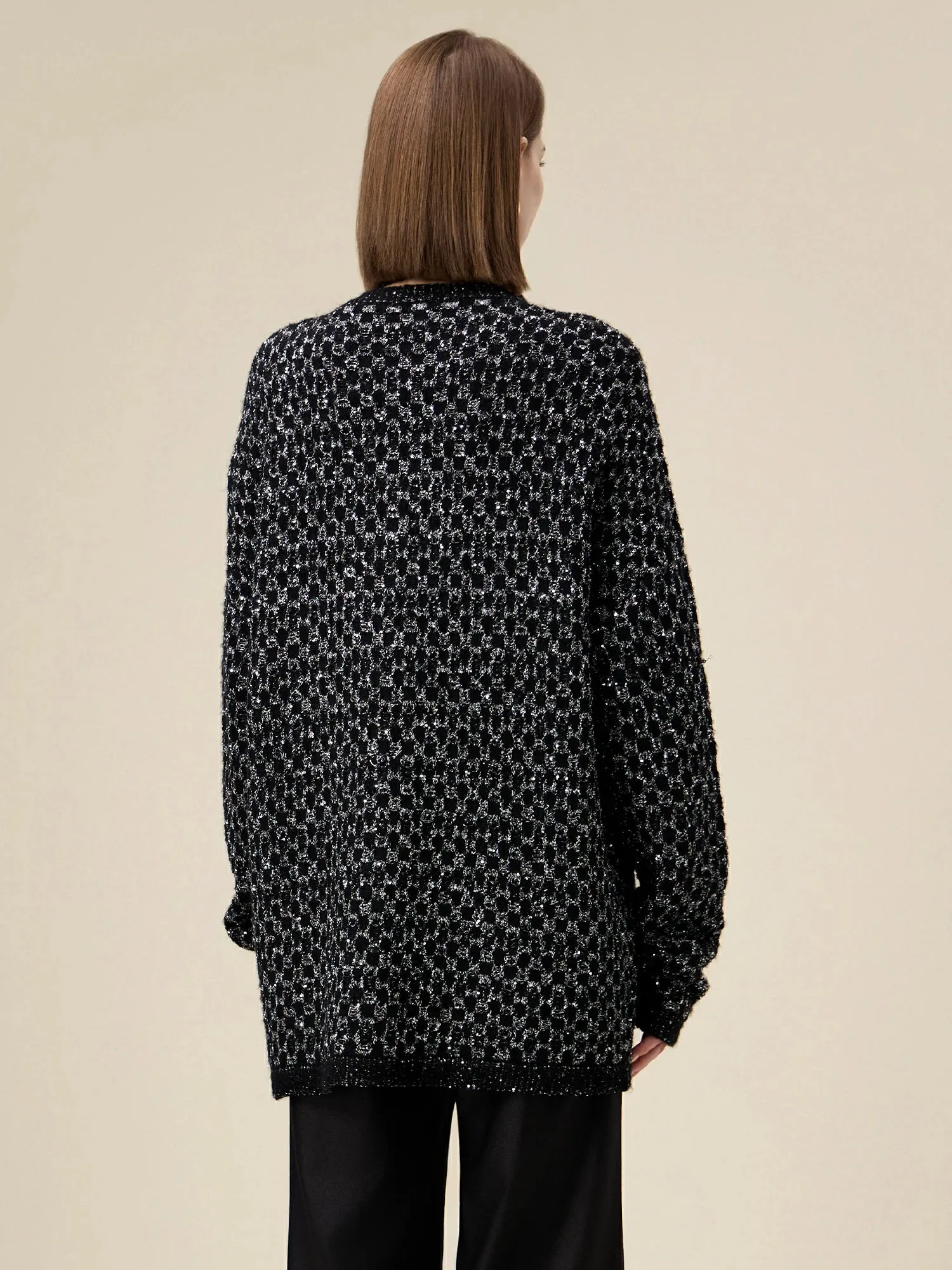 Amoretu Women's Wool V-Neck Gold Silver Yarn Knitted Cardigan sold by Amoretu product image thumbnail 4